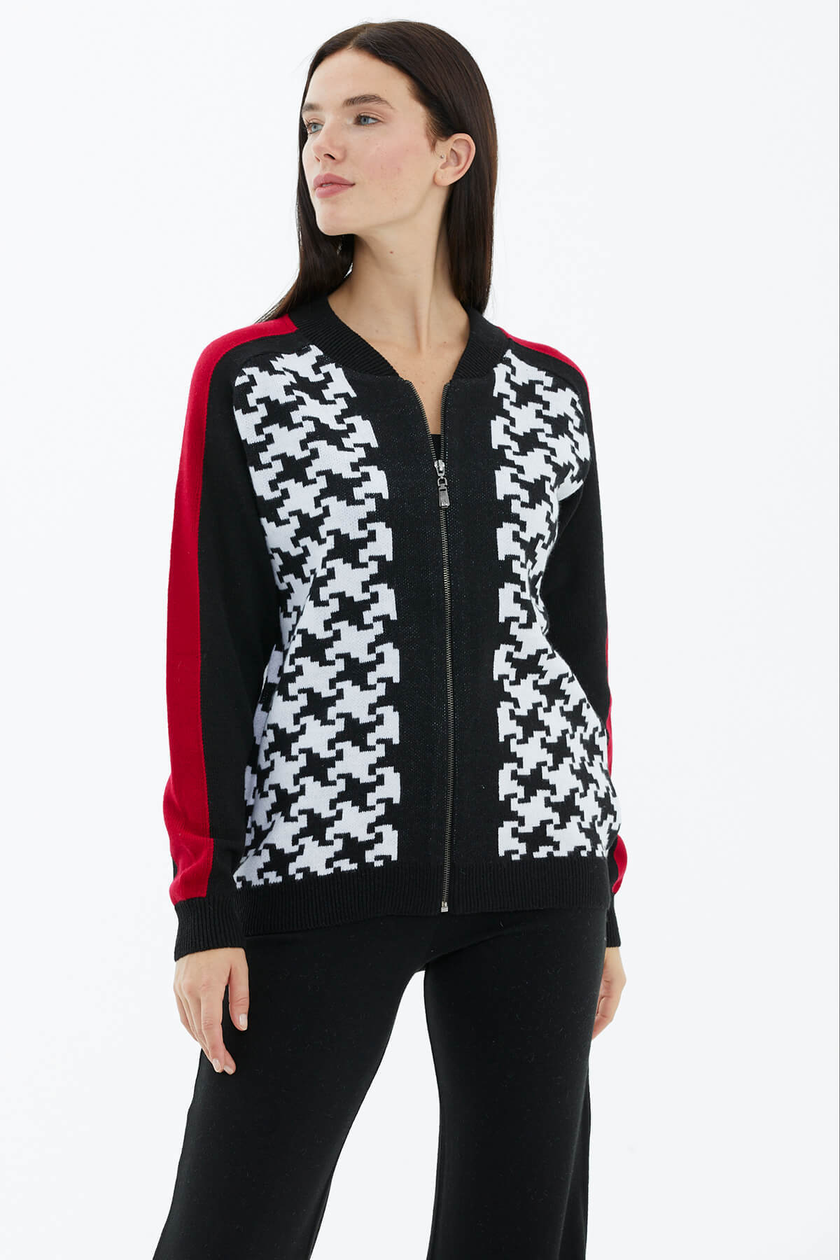 Blok Desenli Fermuarlı Triko Hırka - Siyah (2) Sementa