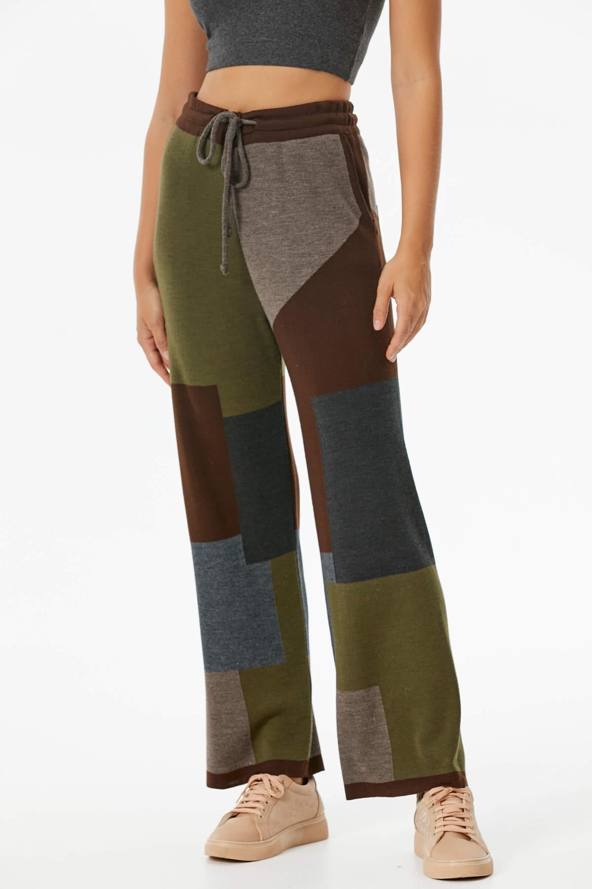Blok Desenli Renkli Triko Pantolon - Kahve (3) Sementa