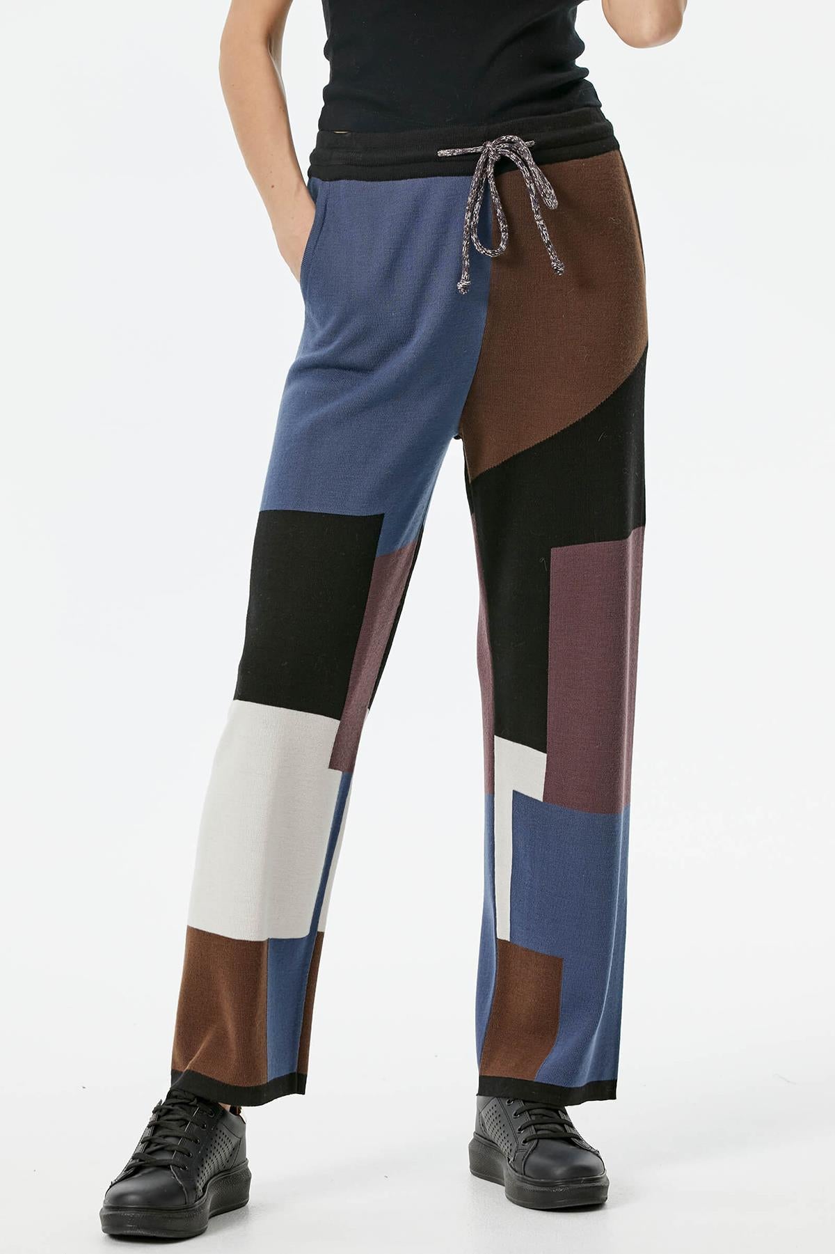Blok Desenli Renkli Triko Pantolon - Siyah (2) Sementa