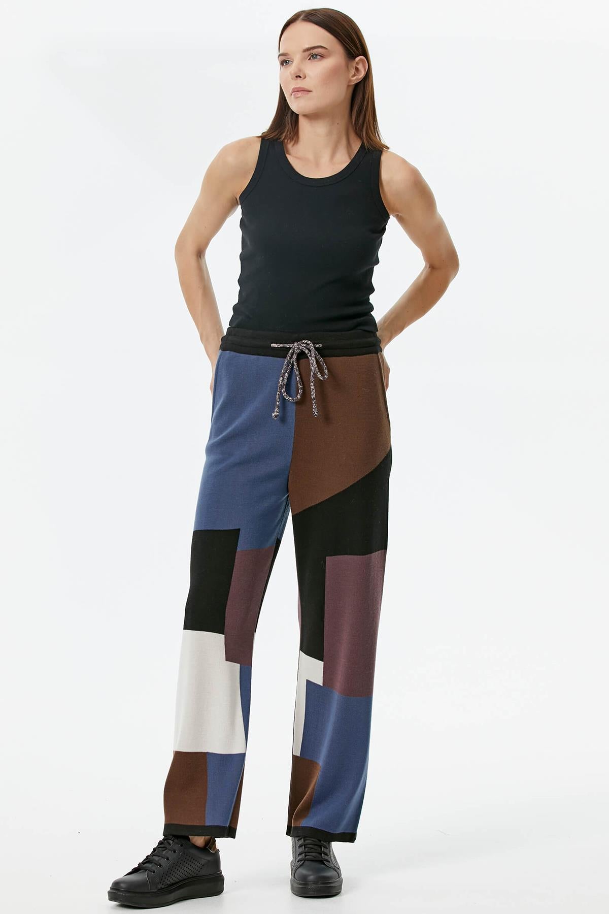 Blok Desenli Renkli Triko Pantolon - Siyah (3) Sementa