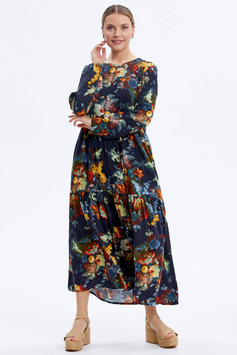 Büyük Beden Çiçek Desenli Elbise - Lacivert (2) Sementa