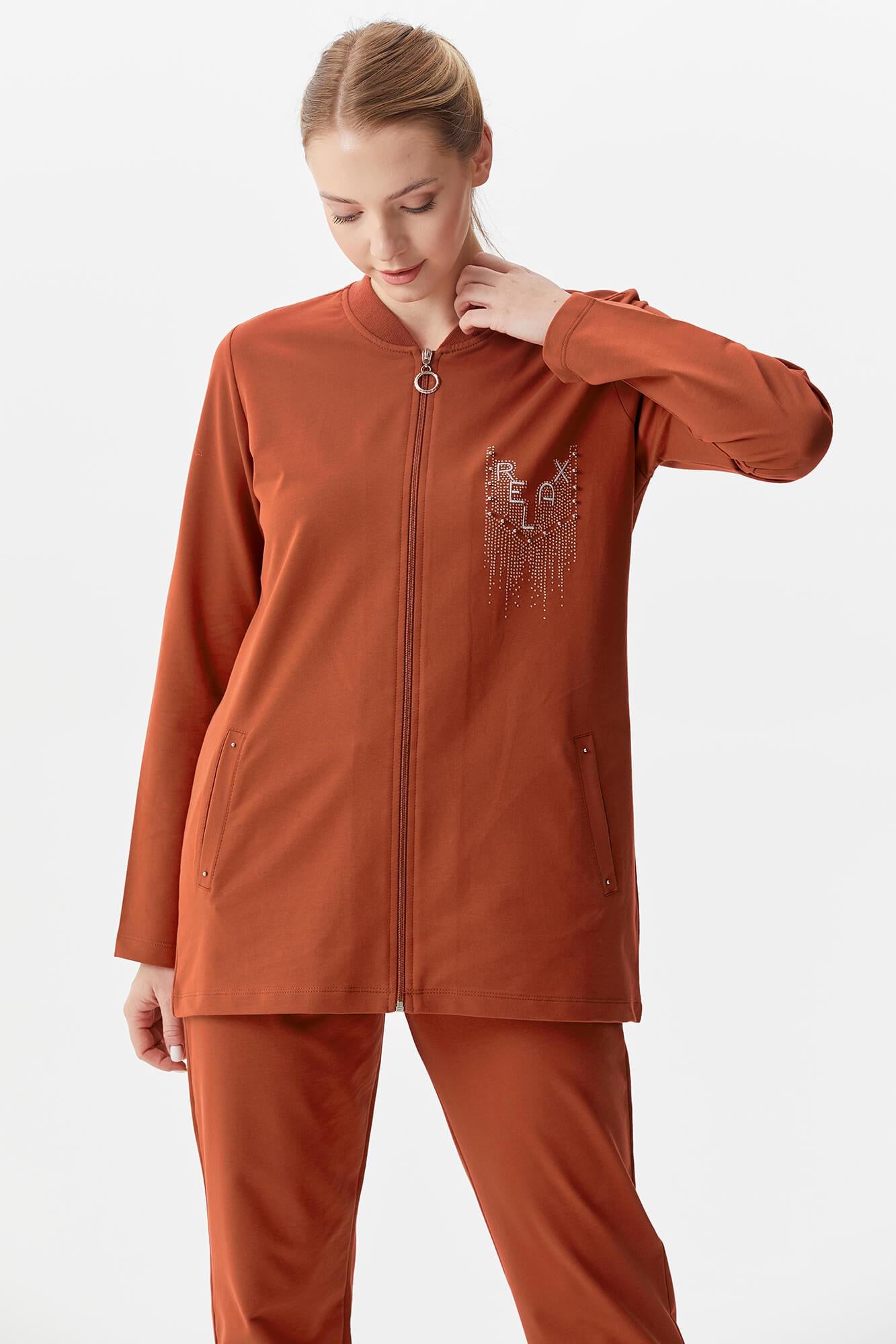 Büyük Beden Fermuarlı Eşofman Takım - Kiremit (3) Sementa