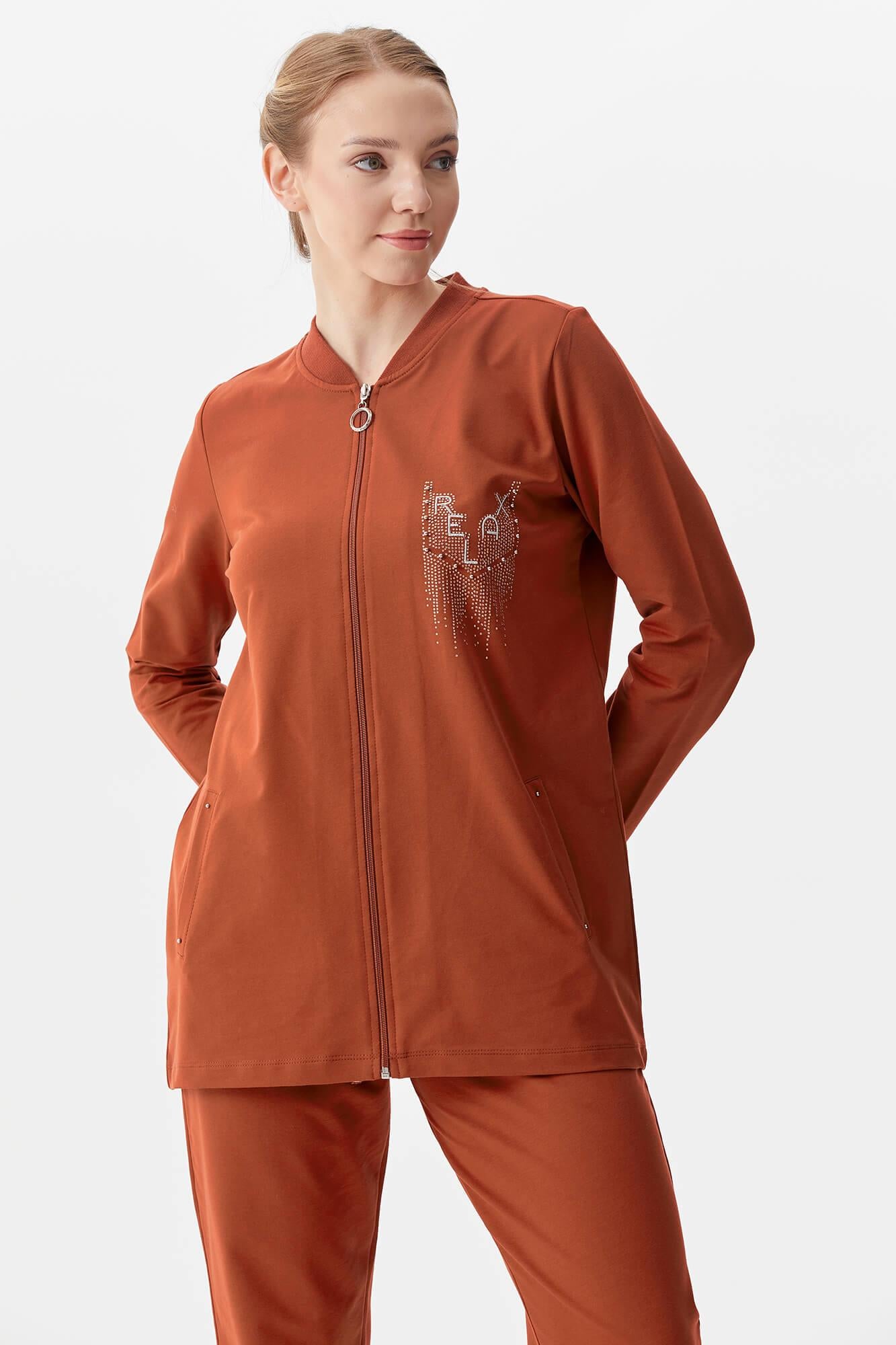 Büyük Beden Fermuarlı Eşofman Takım - Kiremit (4) Sementa