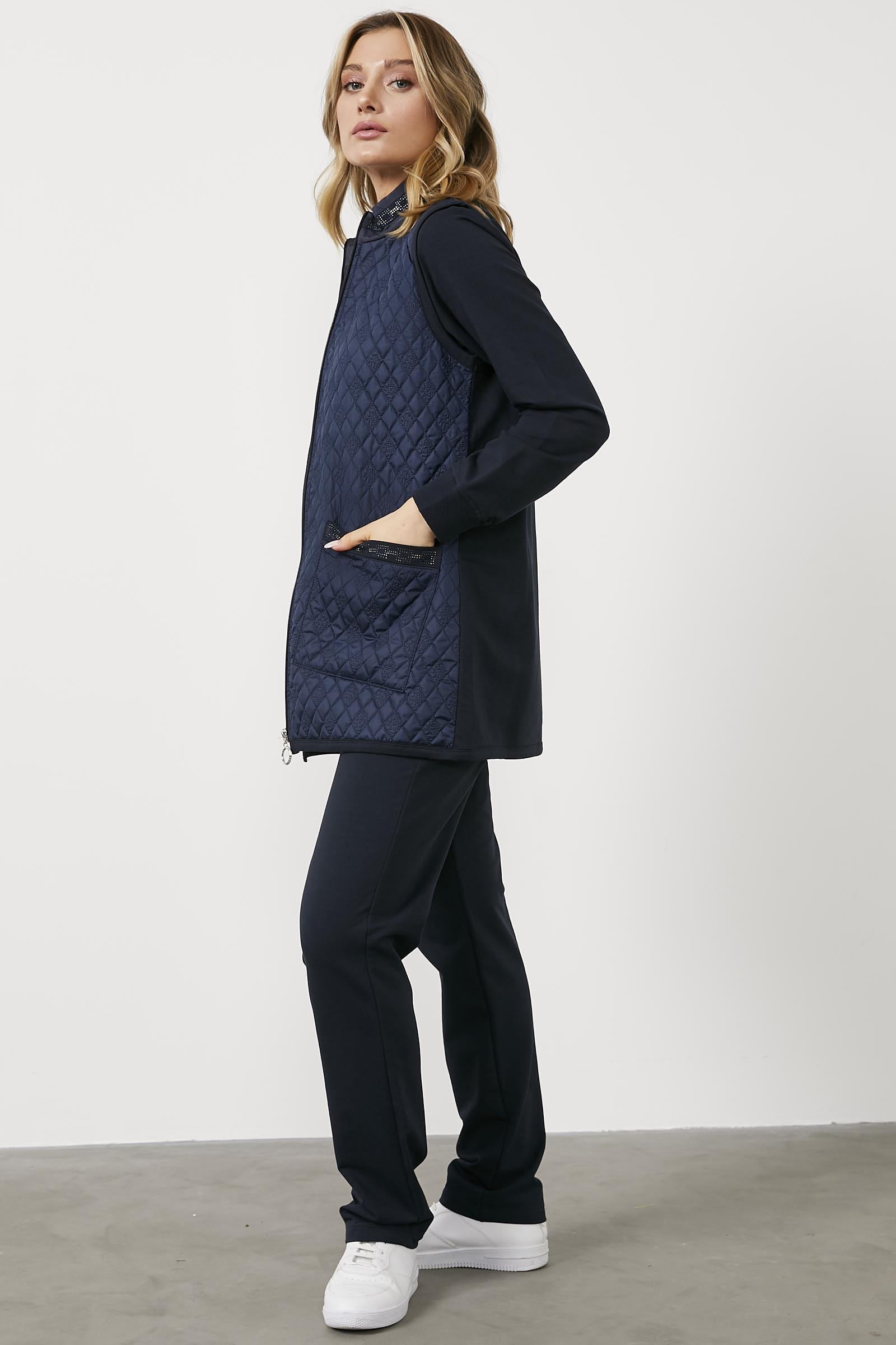 Büyük Beden Kapitone Yelekli Üçlü Eşofman Takım - Lacivert (3) Sementa