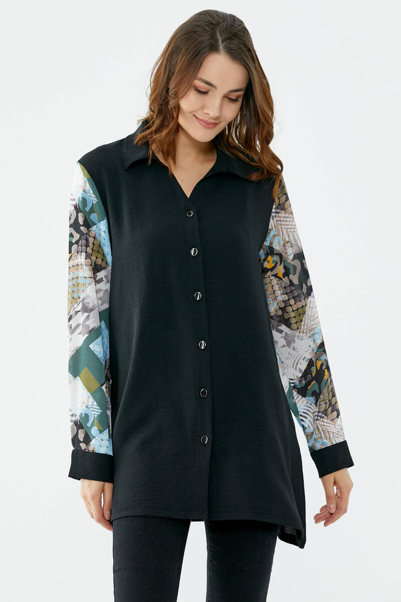 Büyük Beden Kolları Desenli Uzun Gömlek - Siyah (1) Sementa