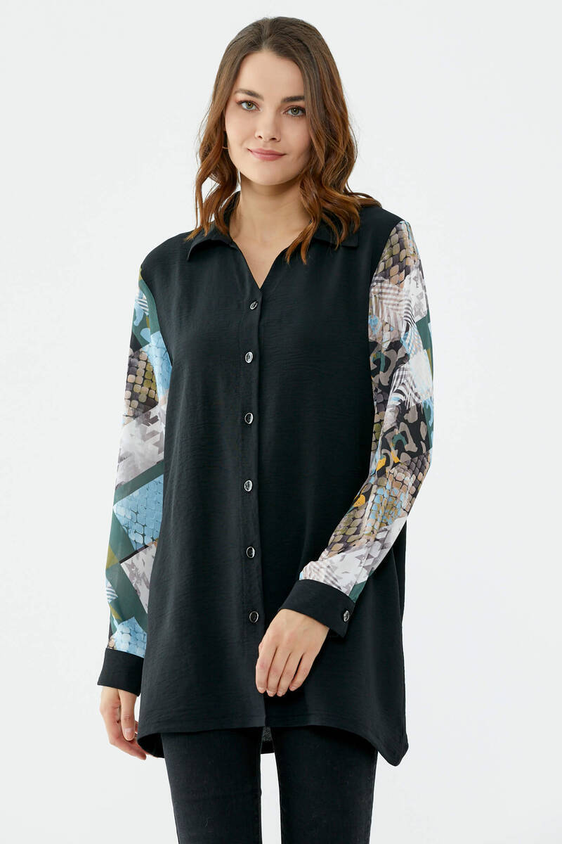 Büyük Beden Kolları Desenli Uzun Gömlek - Siyah (2) Sementa