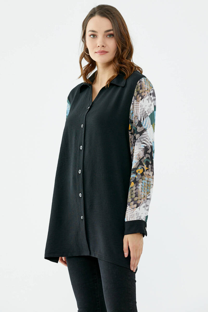 Büyük Beden Kolları Desenli Uzun Gömlek - Siyah (3) Sementa