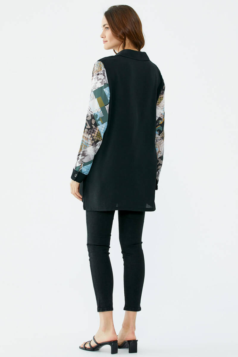 Büyük Beden Kolları Desenli Uzun Gömlek - Siyah (4) Sementa