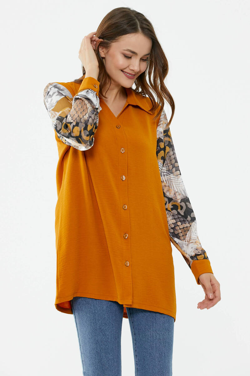 Büyük Beden Kolları Desenli Uzun Gömlek - Tarçın (2) Sementa