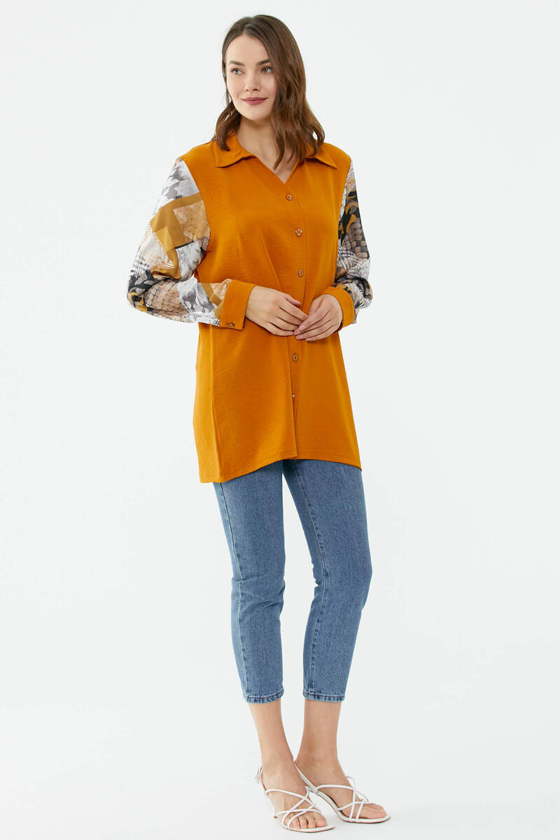 Büyük Beden Kolları Desenli Uzun Gömlek - Tarçın (3) Sementa