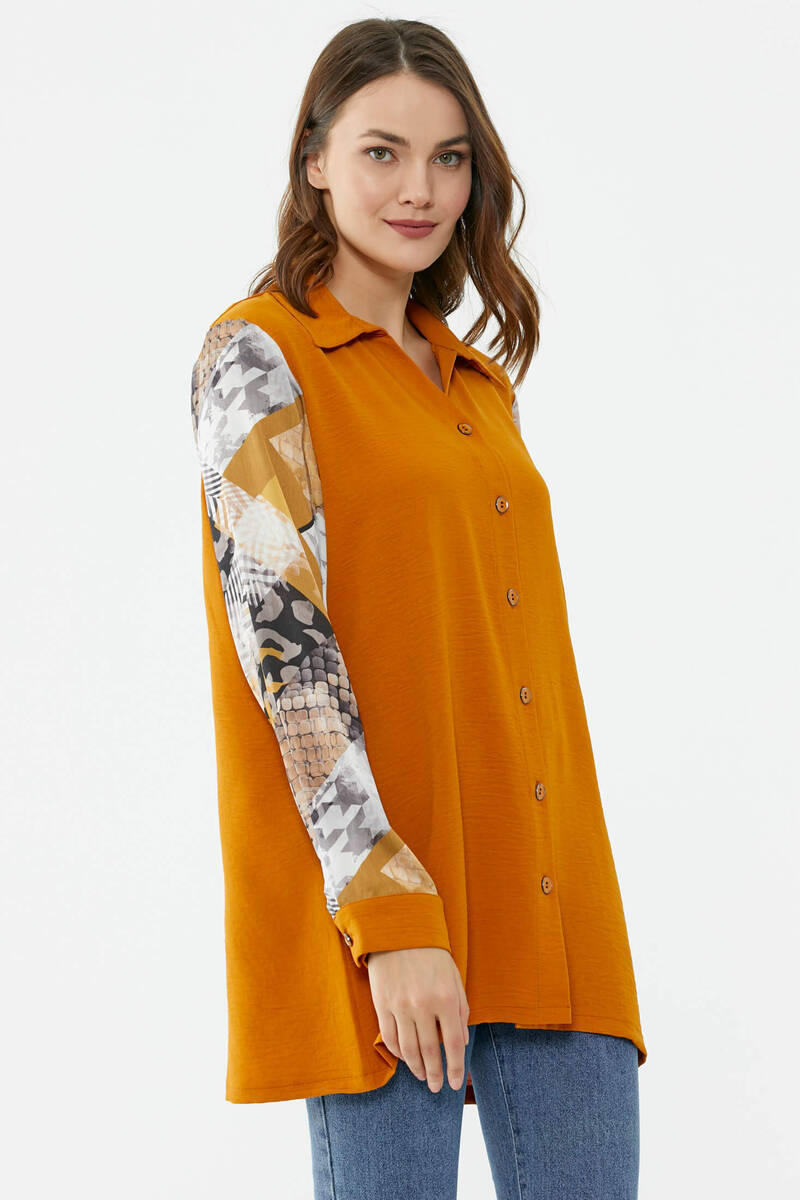 Büyük Beden Kolları Desenli Uzun Gömlek - Tarçın (4) Sementa