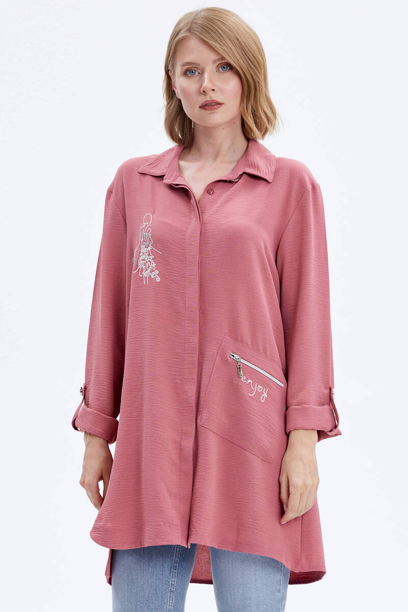 Büyük Beden Nakışlı Uzun Gömlek - Gül Kurusu (1) Sementa