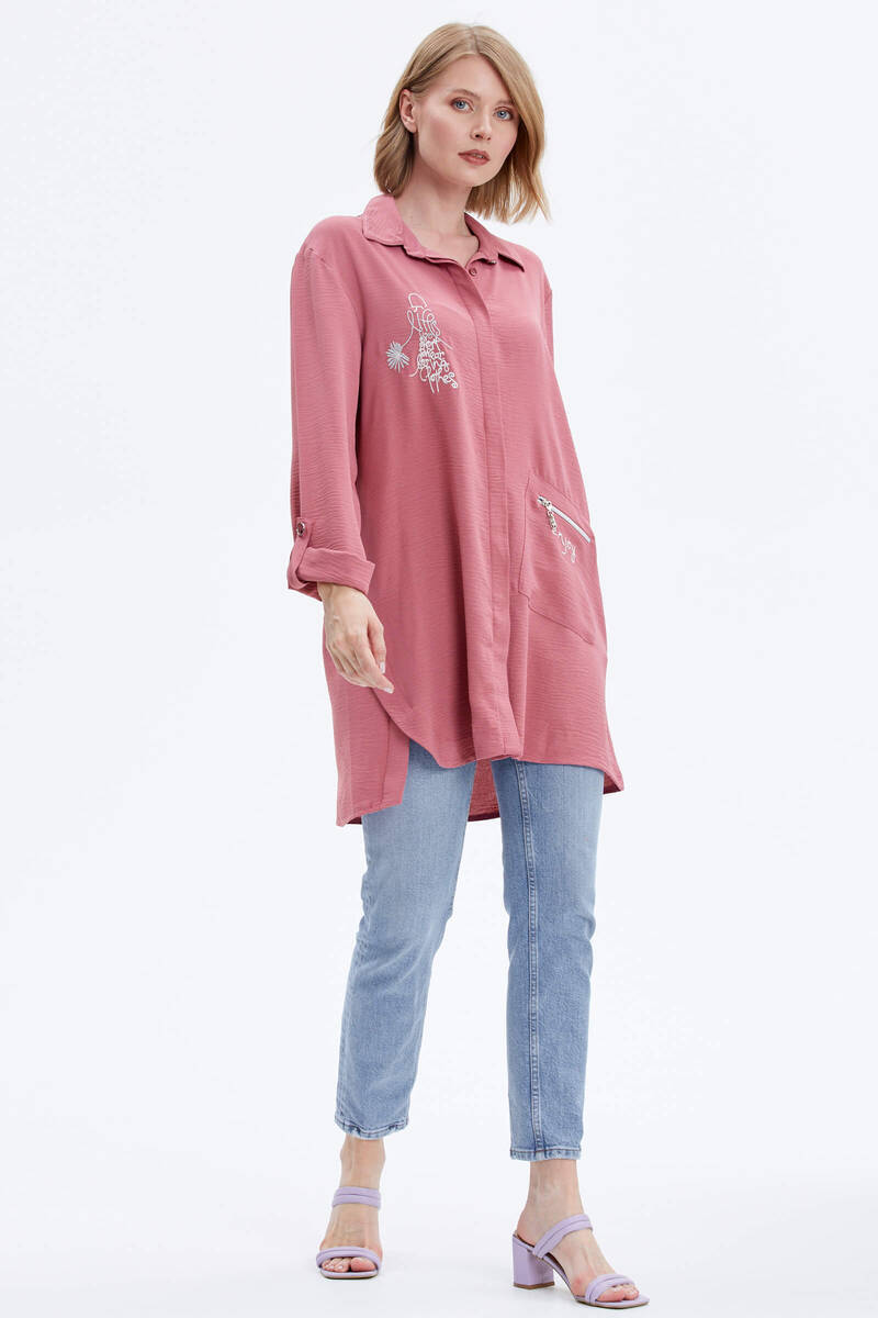 Büyük Beden Nakışlı Uzun Gömlek - Gül Kurusu (3) Sementa