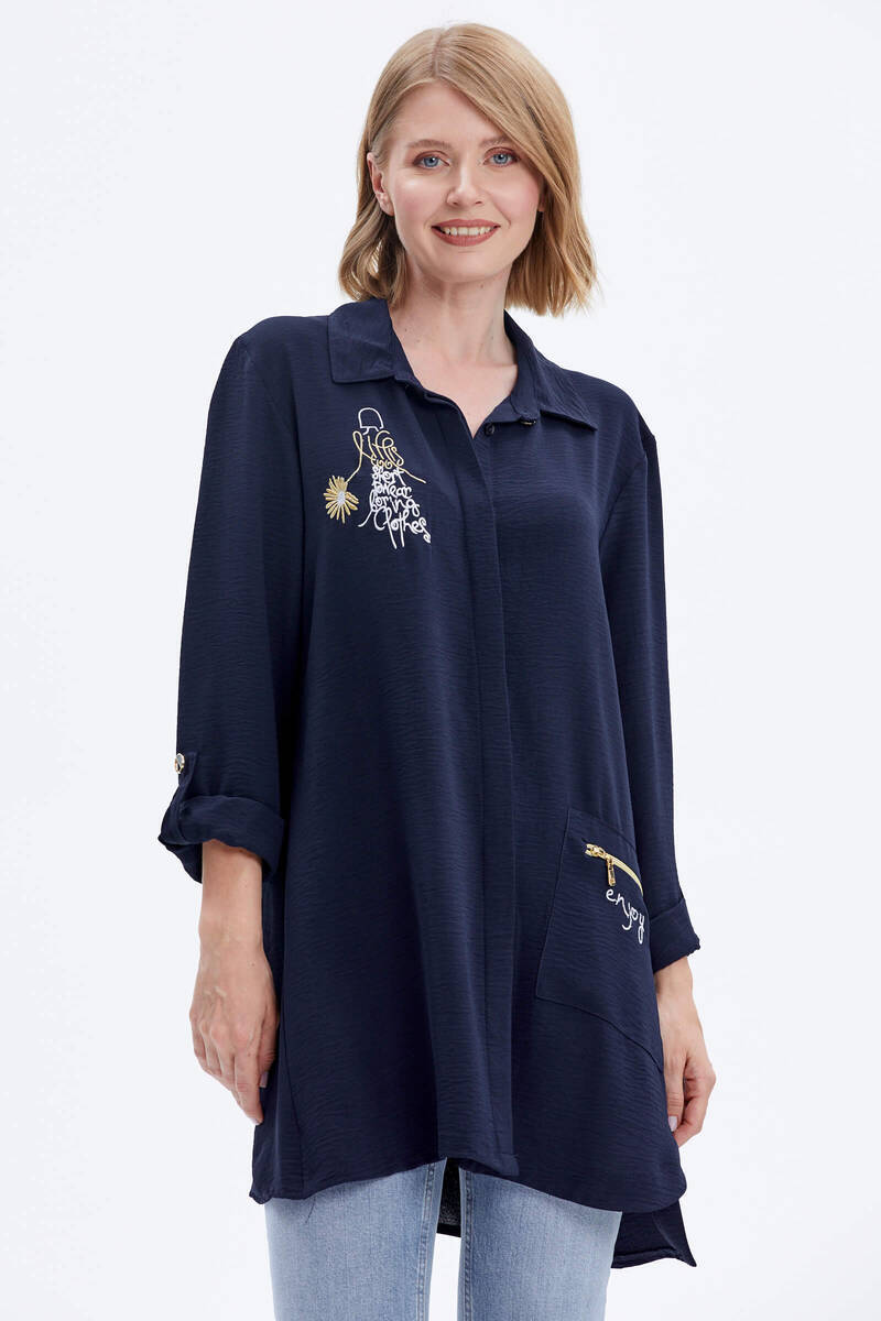 Büyük Beden Nakışlı Uzun Gömlek - Lacivert (1) Sementa