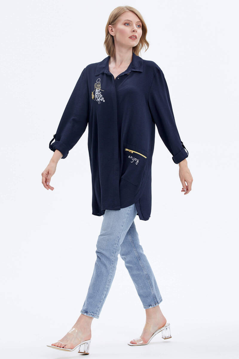 Büyük Beden Nakışlı Uzun Gömlek - Lacivert (3) Sementa