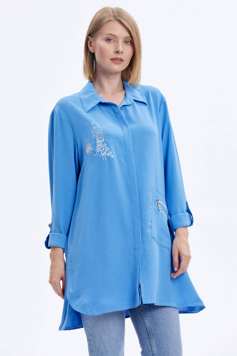 Büyük Beden Nakışlı Uzun Gömlek - Mavi (1) Sementa