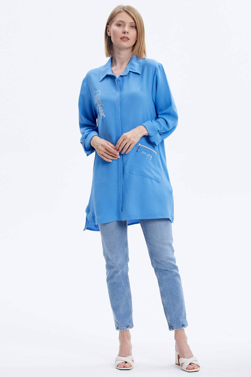 Büyük Beden Nakışlı Uzun Gömlek - Mavi (2) Sementa