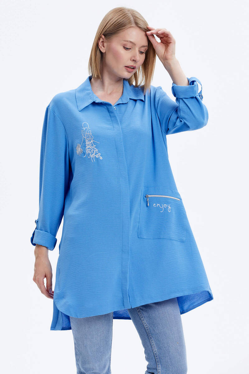 Büyük Beden Nakışlı Uzun Gömlek - Mavi (3) Sementa