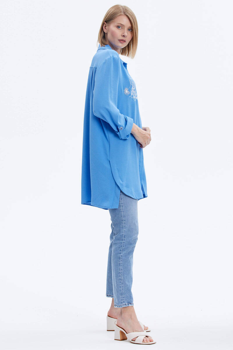 Büyük Beden Nakışlı Uzun Gömlek - Mavi (4) Sementa