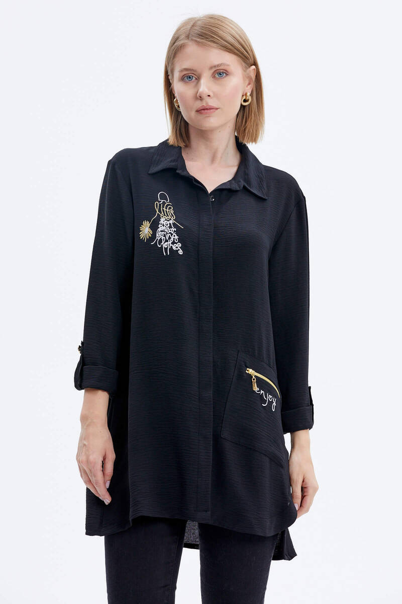 Büyük Beden Nakışlı Uzun Gömlek - Siyah (1) Sementa