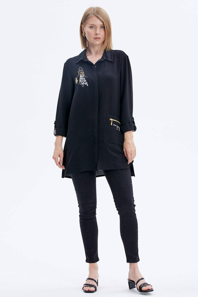 Büyük Beden Nakışlı Uzun Gömlek - Siyah (2) Sementa