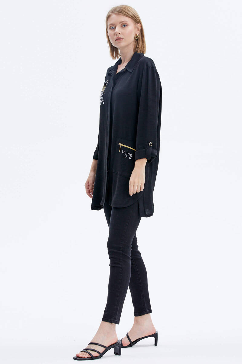 Büyük Beden Nakışlı Uzun Gömlek - Siyah (3) Sementa