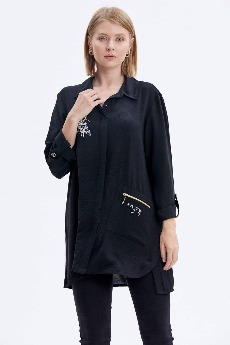 Büyük Beden Nakışlı Uzun Gömlek - Siyah (4) Sementa