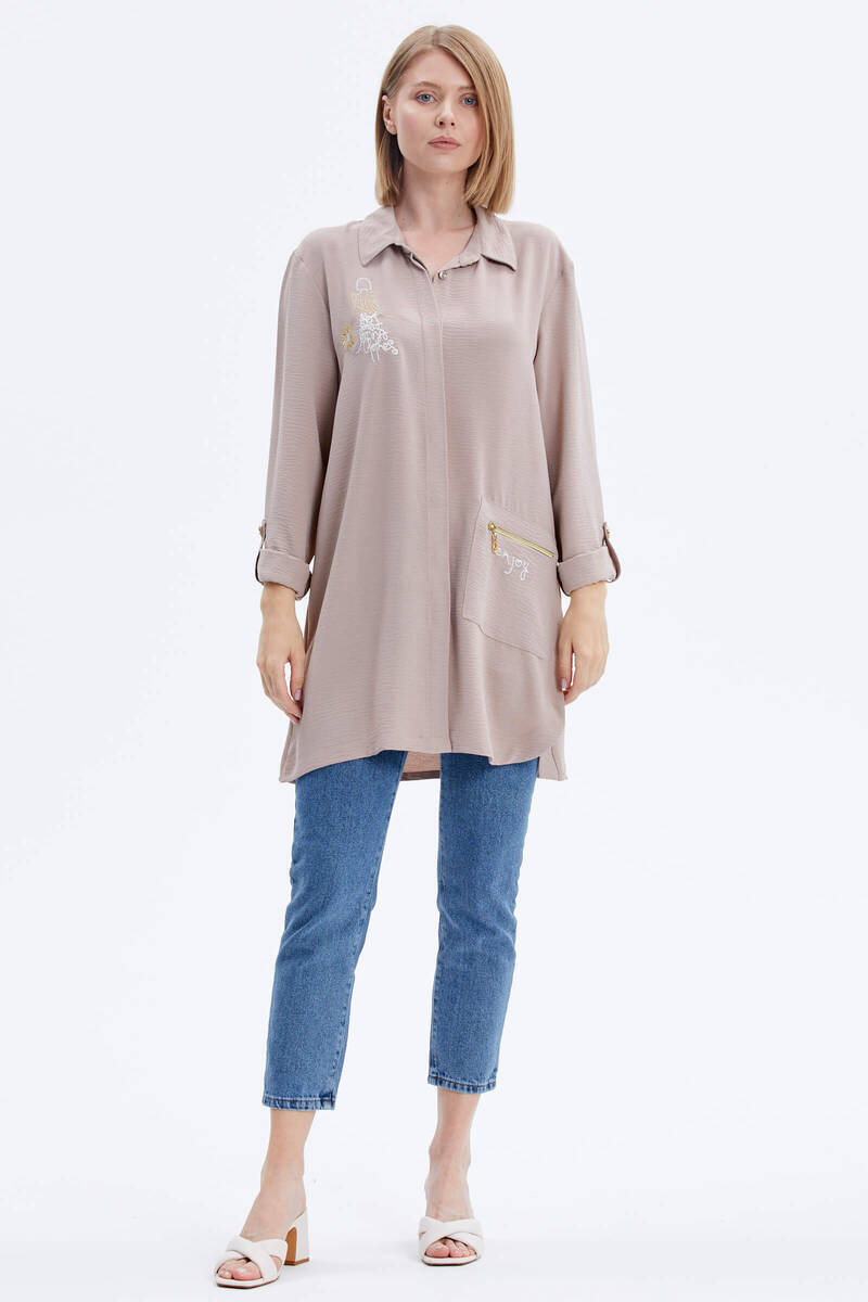Büyük Beden Nakışlı Uzun Gömlek - Vizon (1) Sementa