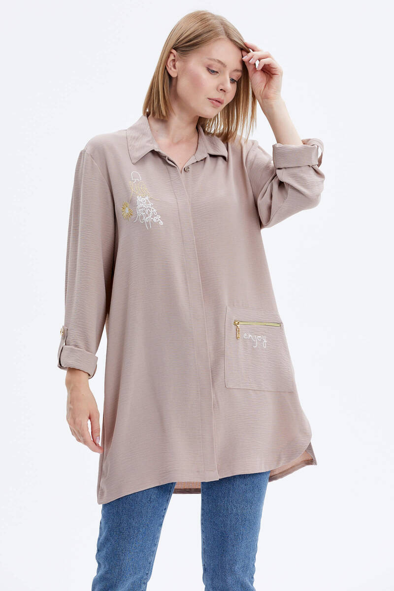 Büyük Beden Nakışlı Uzun Gömlek - Vizon (3) Sementa