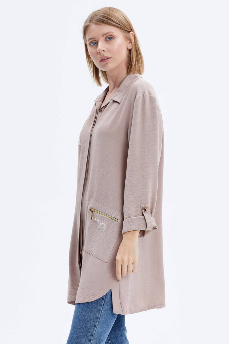 Büyük Beden Nakışlı Uzun Gömlek - Vizon (4) Sementa