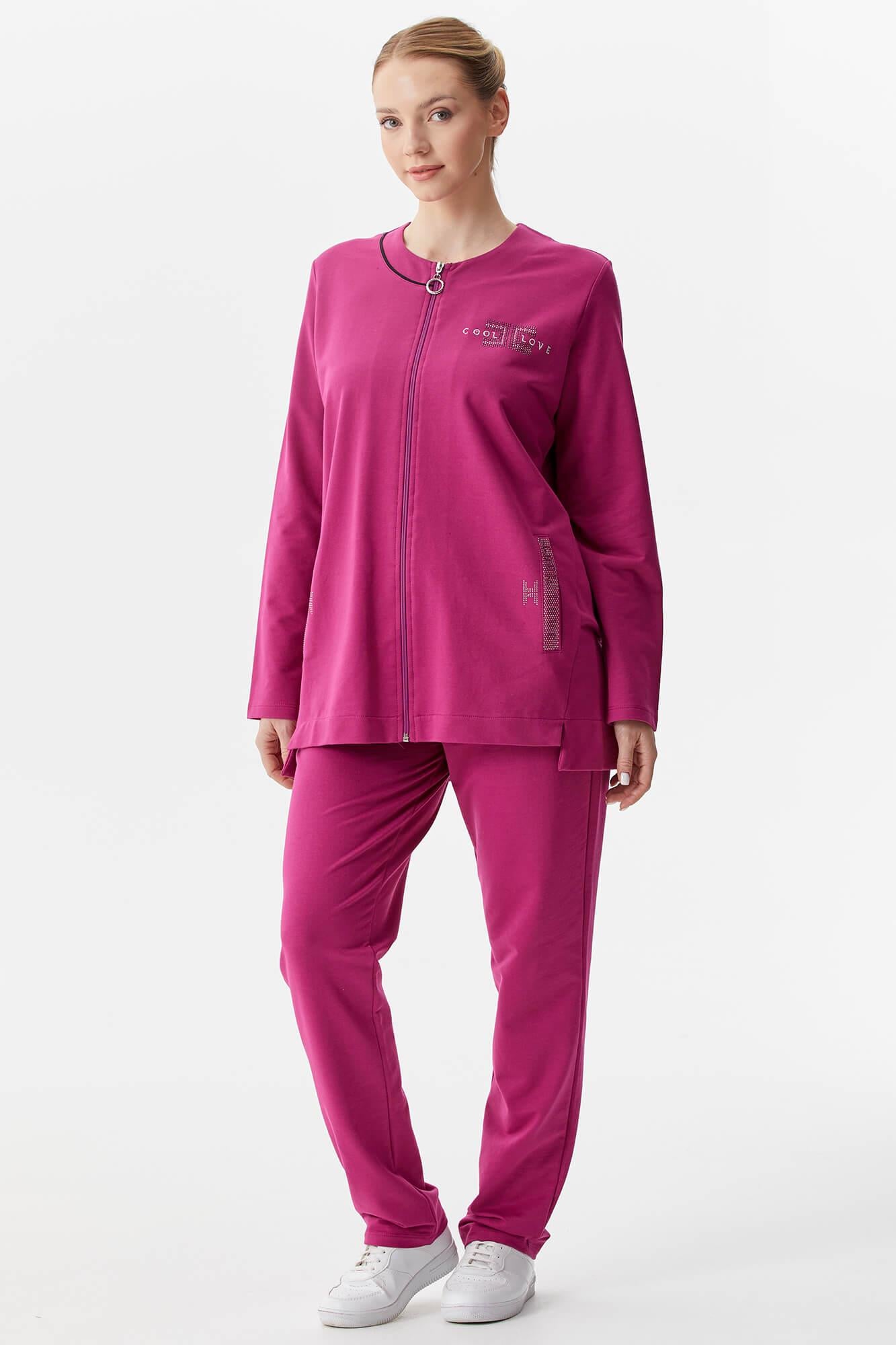 Büyük Beden Taş Detaylı Eşofman Takım - Fuşya (2) Sementa