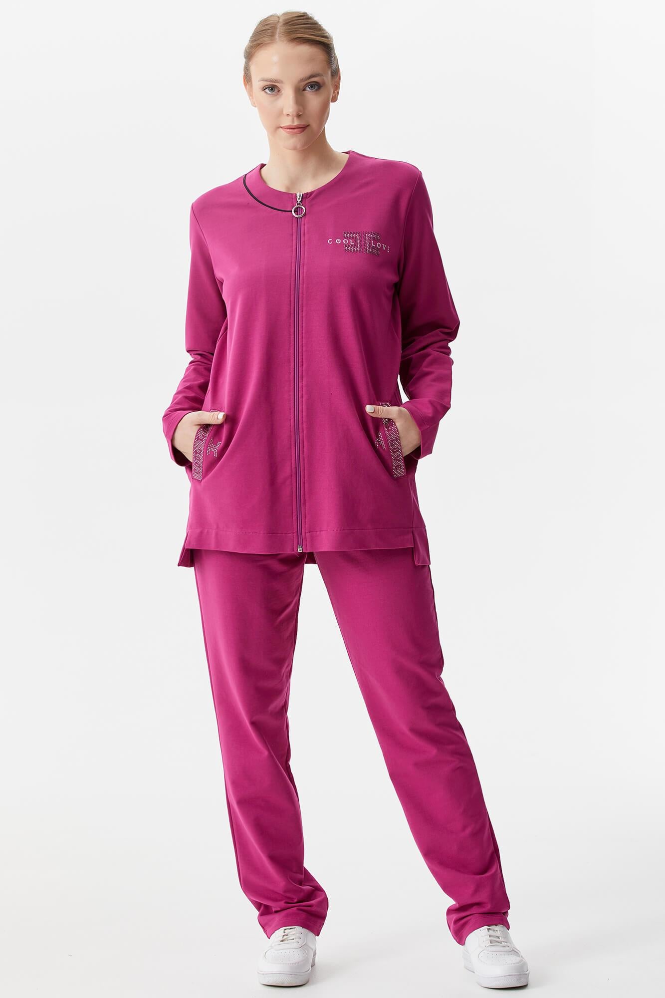 Büyük Beden Taş Detaylı Eşofman Takım - Fuşya (3) Sementa