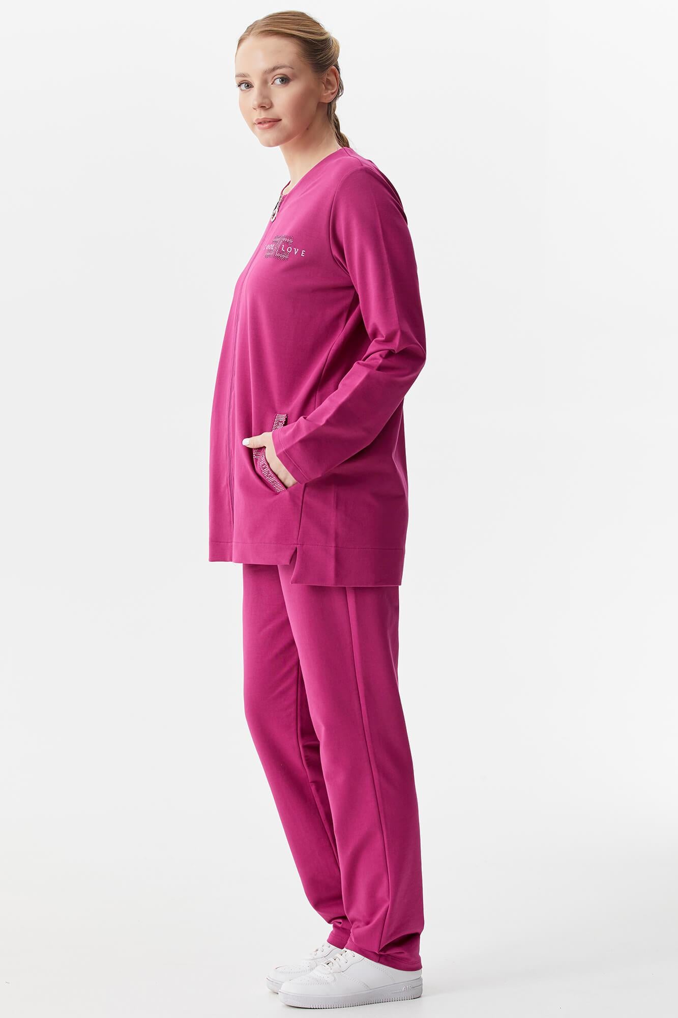 Büyük Beden Taş Detaylı Eşofman Takım - Fuşya (4) Sementa