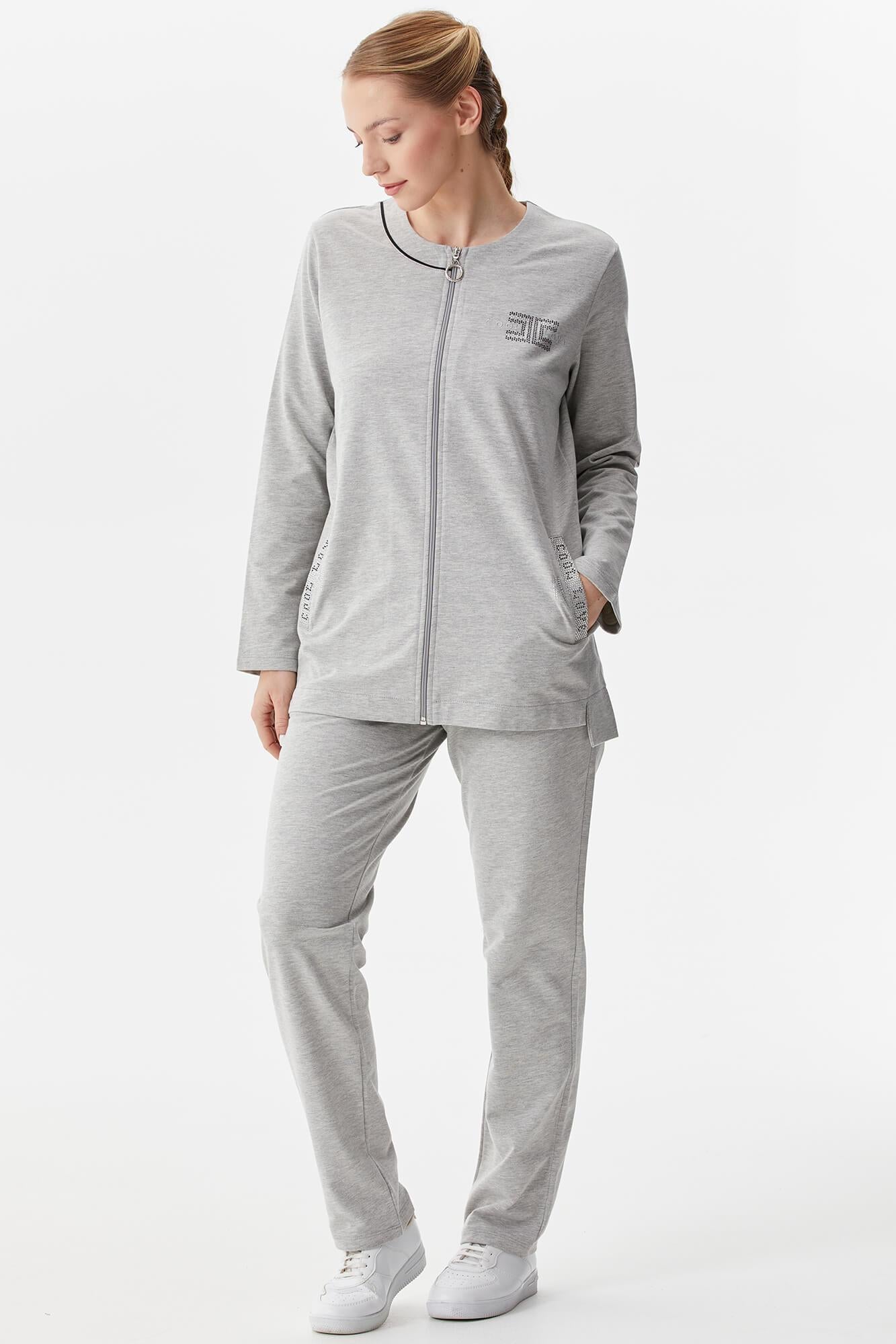 Büyük Beden Taş Detaylı Eşofman Takım - Gri (2) Sementa