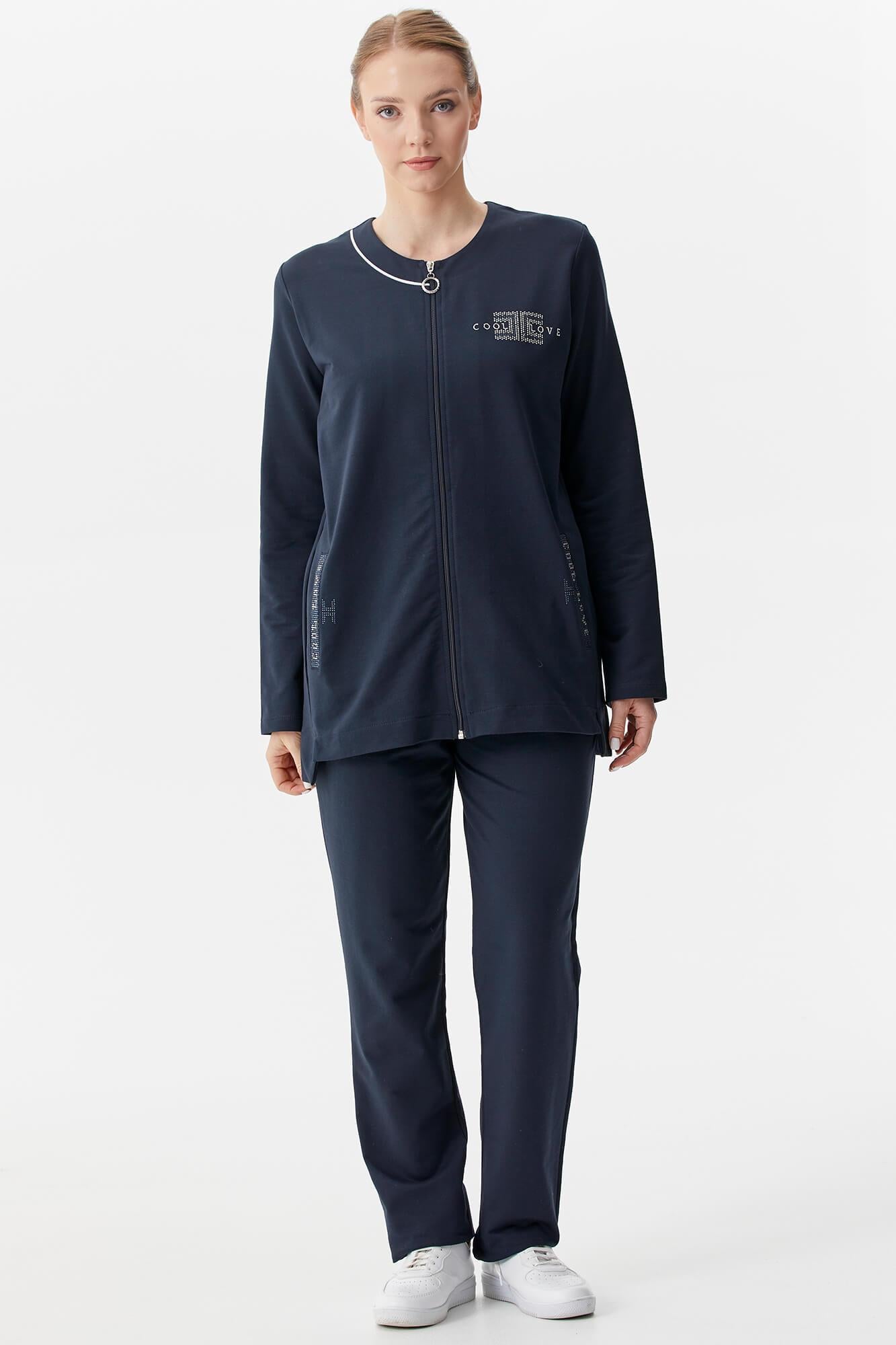 Büyük Beden Taş Detaylı Eşofman Takım - Lacivert (1) Sementa