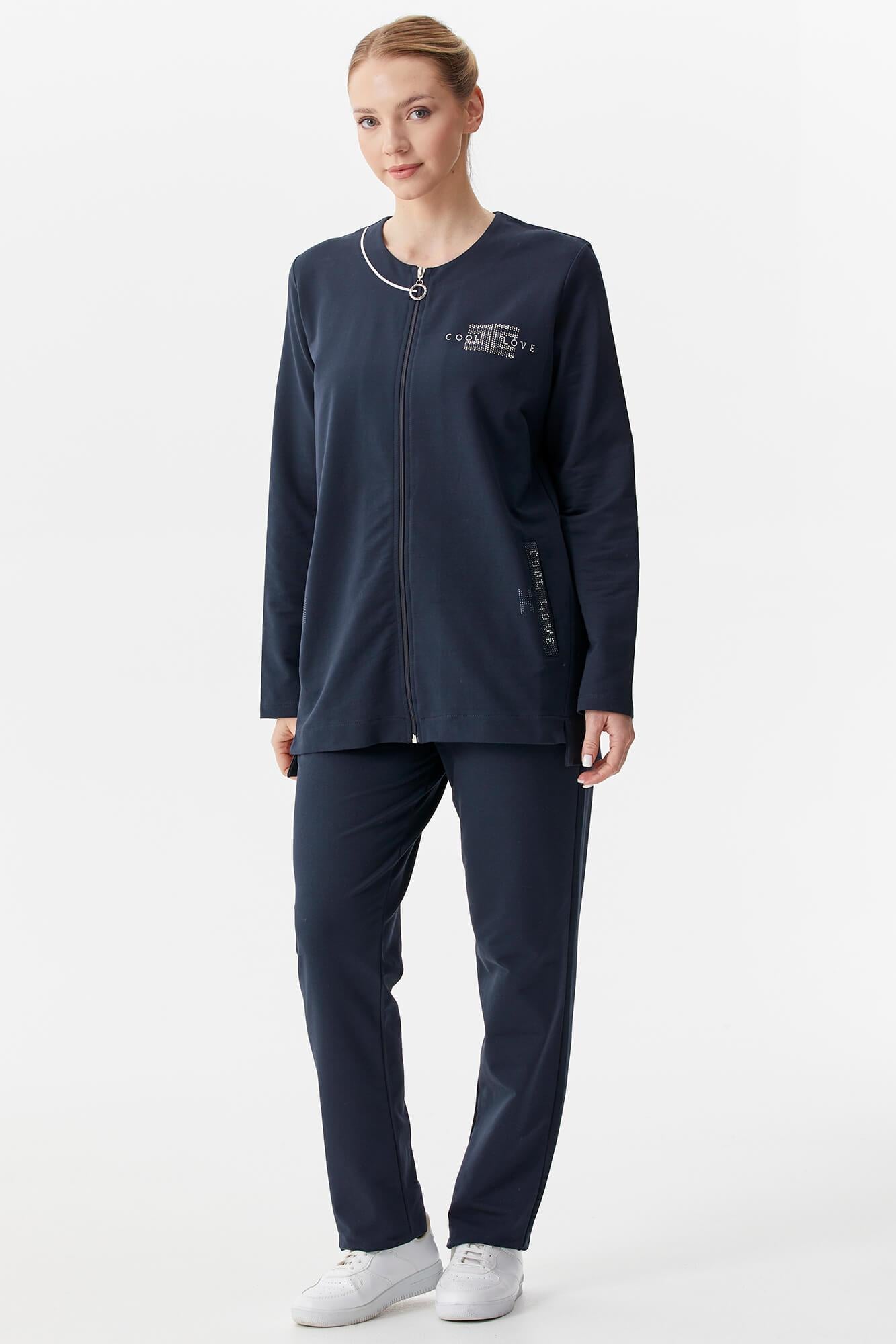 Büyük Beden Taş Detaylı Eşofman Takım - Lacivert (2) Sementa