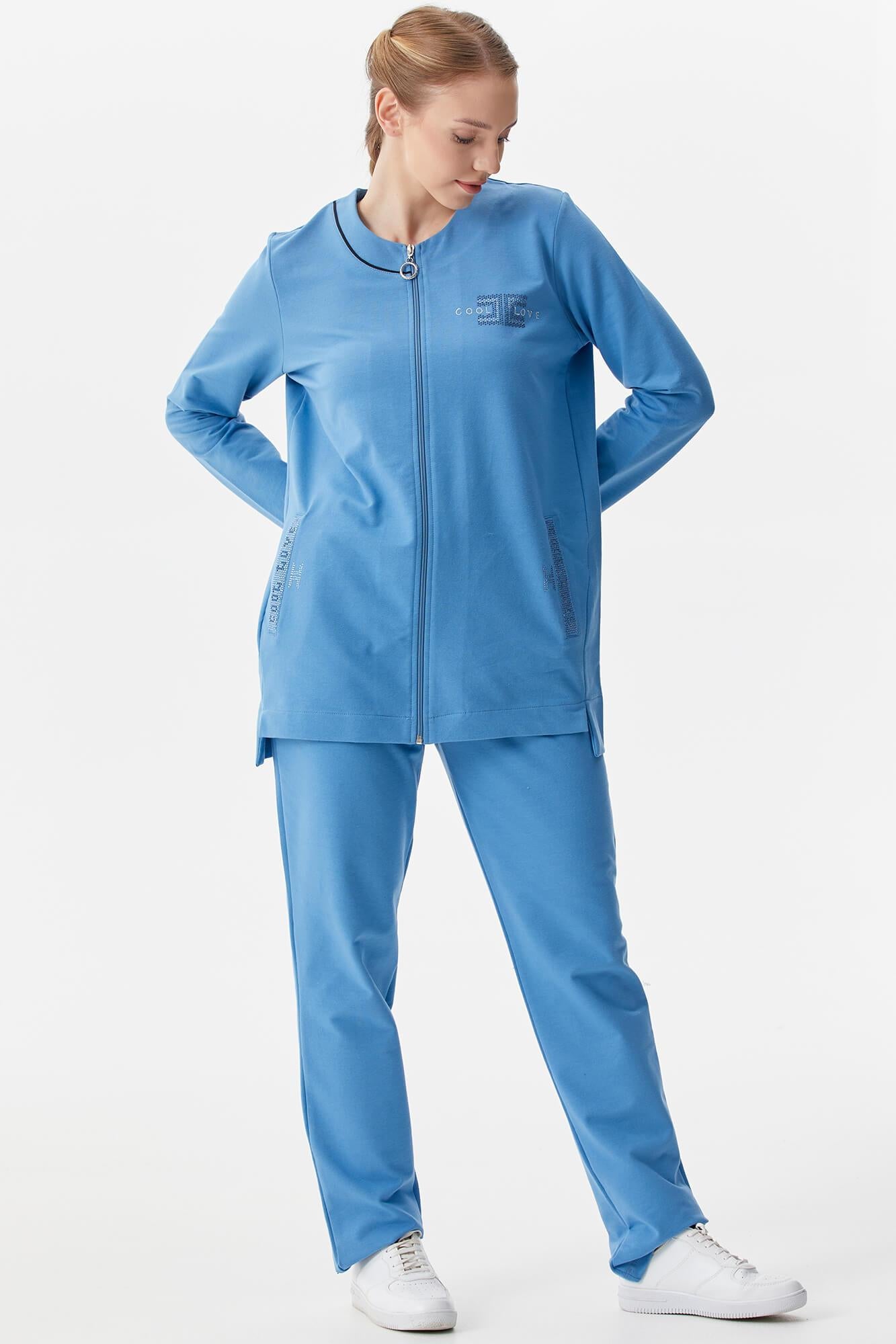 Büyük Beden Taş Detaylı Eşofman Takım - Mavi (4) Sementa