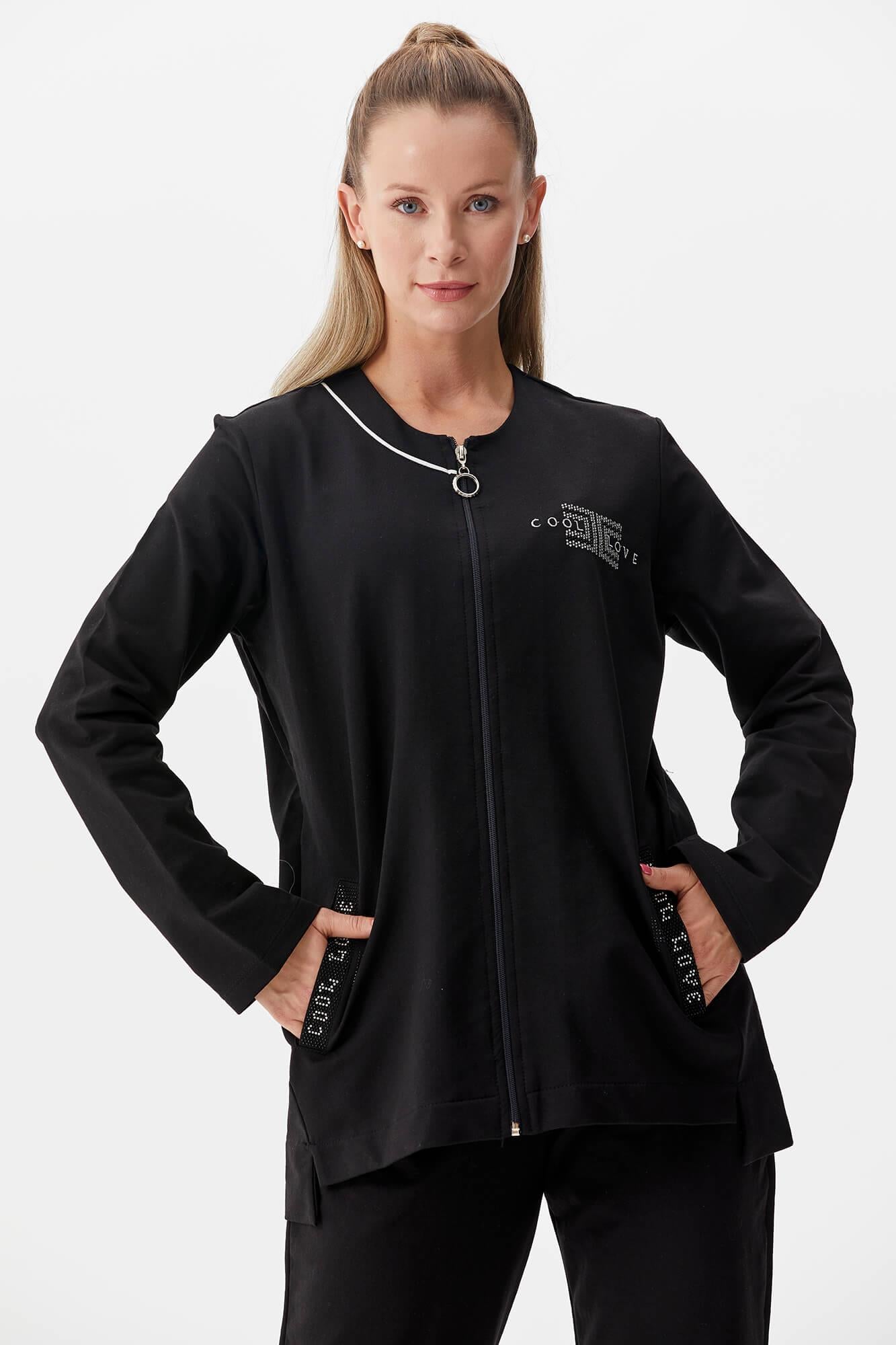 Büyük Beden Taş Detaylı Eşofman Takım - Siyah (3) Sementa