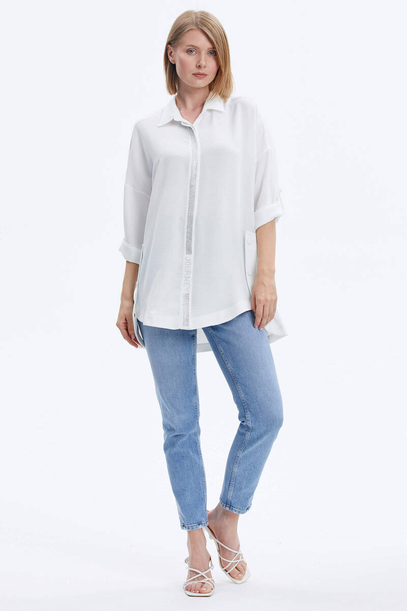 Büyük Beden Taş Detaylı Gömlek - Ekru (1) Sementa