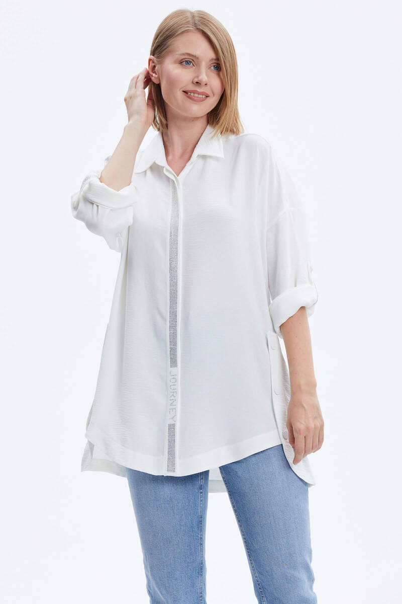 Büyük Beden Taş Detaylı Gömlek - Ekru (2) Sementa
