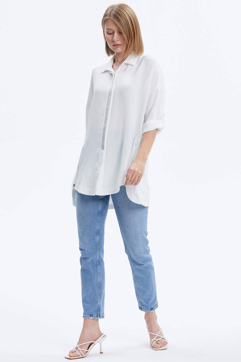 Büyük Beden Taş Detaylı Gömlek - Ekru (3) Sementa