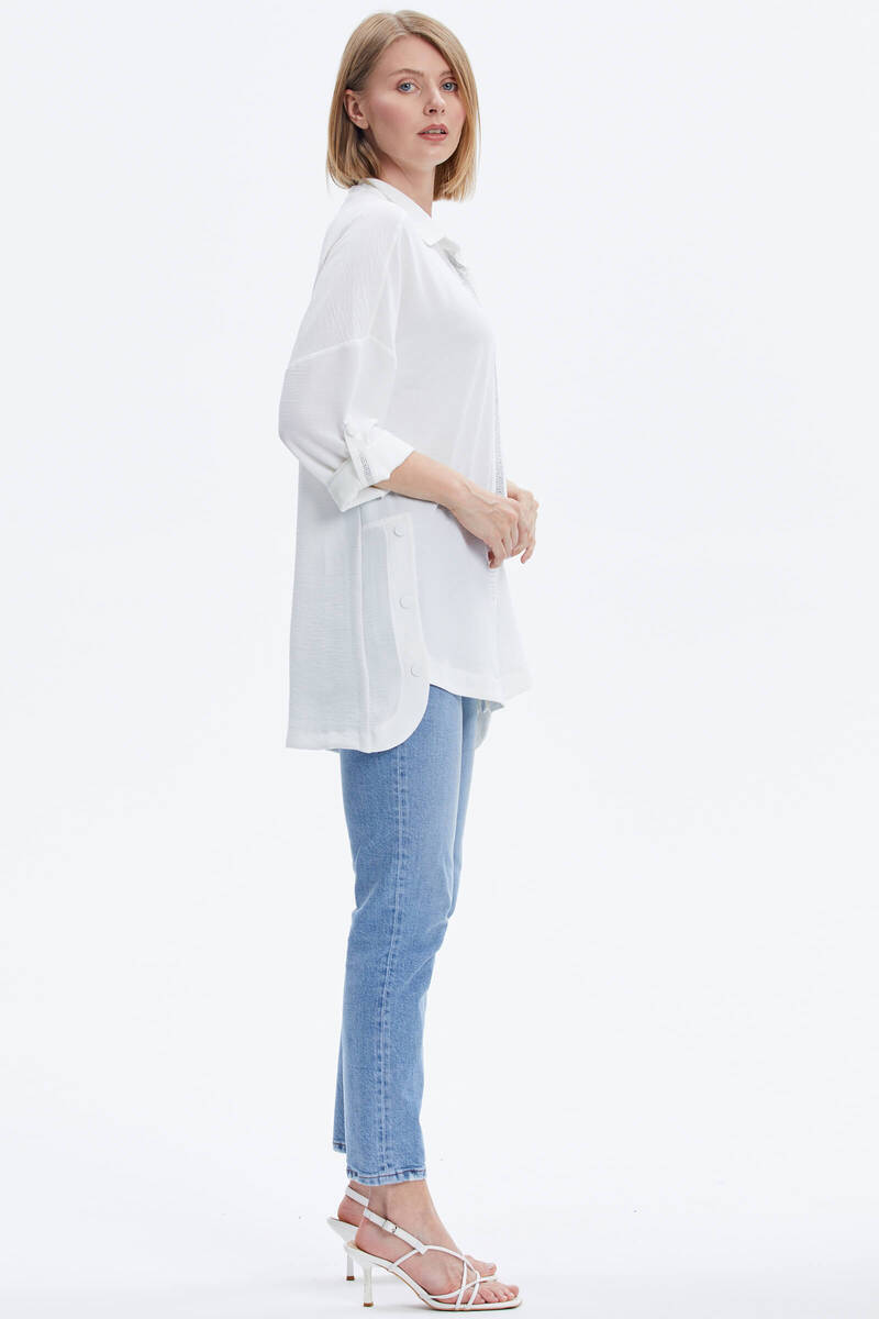 Büyük Beden Taş Detaylı Gömlek - Ekru (4) Sementa