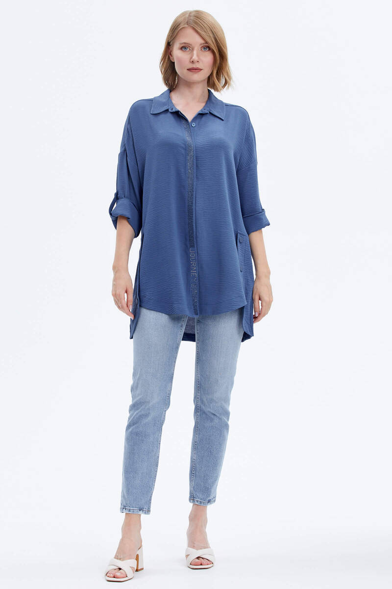 Büyük Beden Taş Detaylı Gömlek - Indigo (1) Sementa