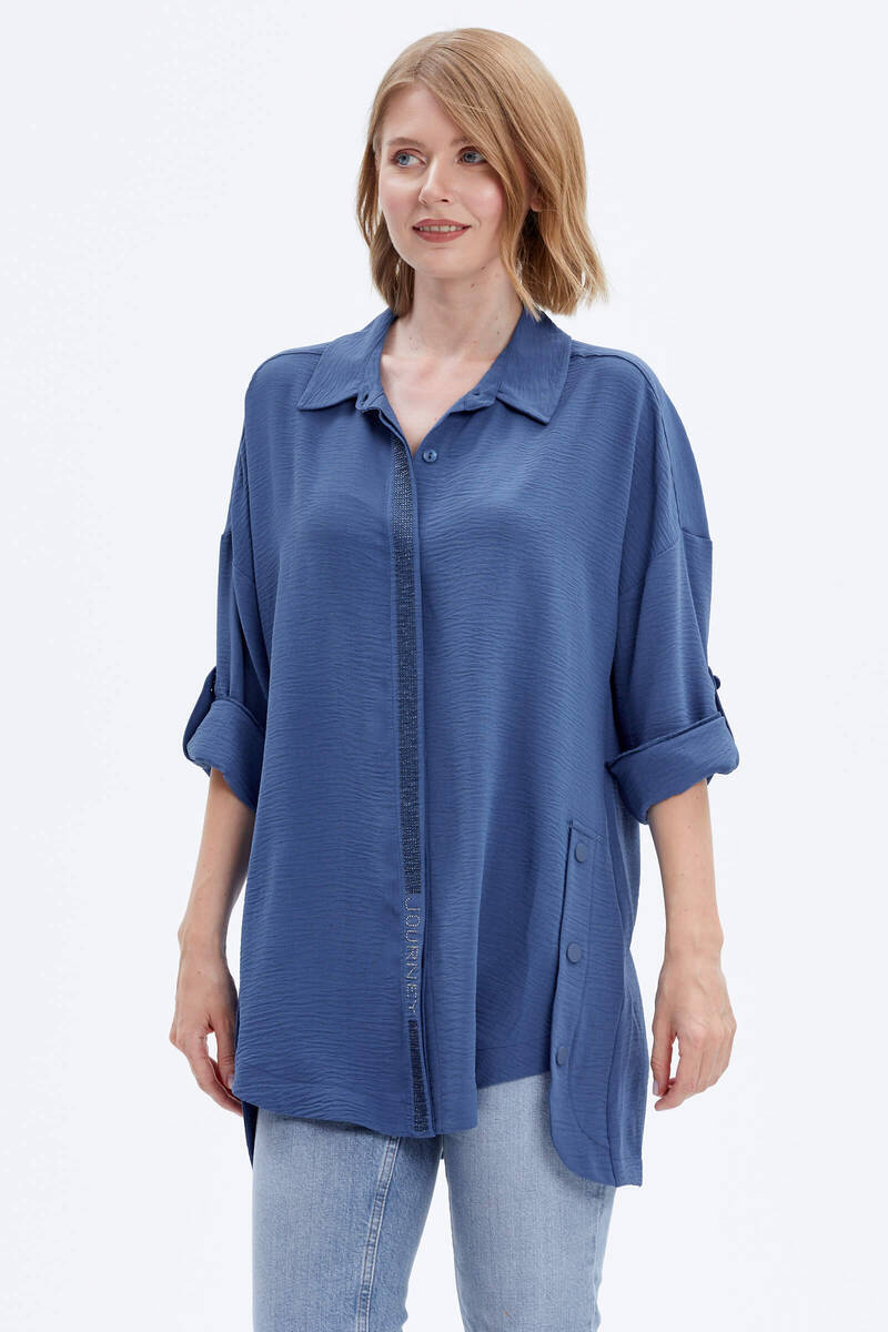 Büyük Beden Taş Detaylı Gömlek - Indigo (3) Sementa