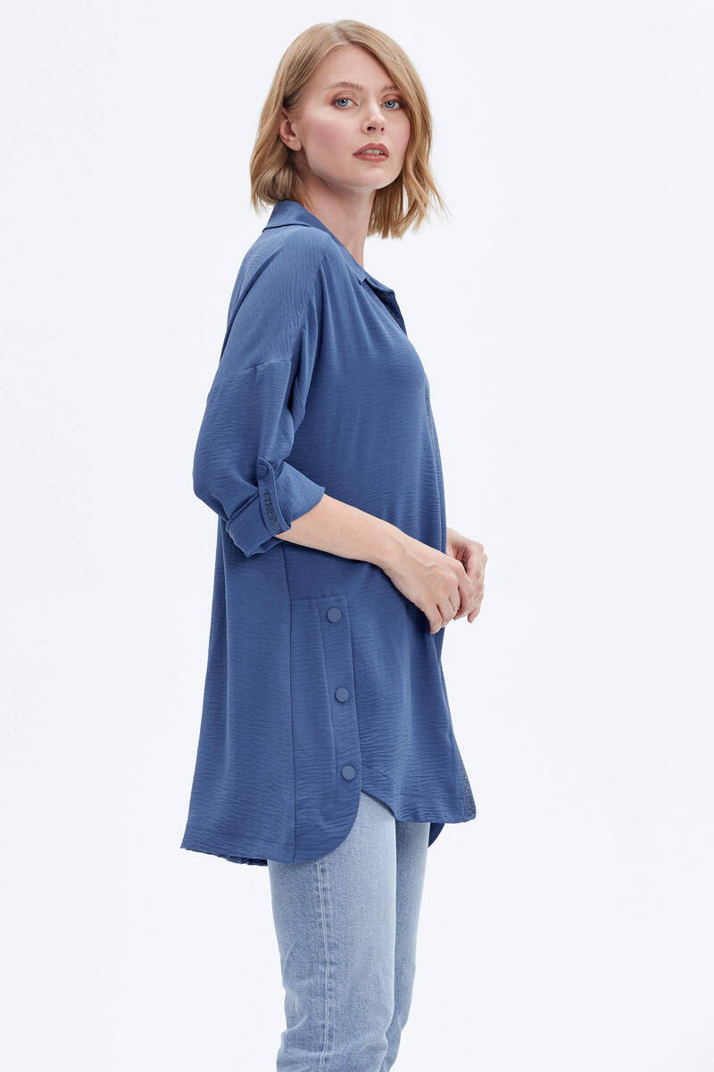 Büyük Beden Taş Detaylı Gömlek - Indigo (4) Sementa