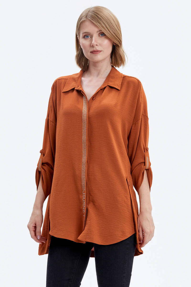 Büyük Beden Taş Detaylı Gömlek - Kiremit (1) Sementa