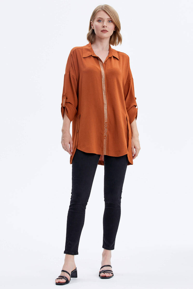 Büyük Beden Taş Detaylı Gömlek - Kiremit (2) Sementa