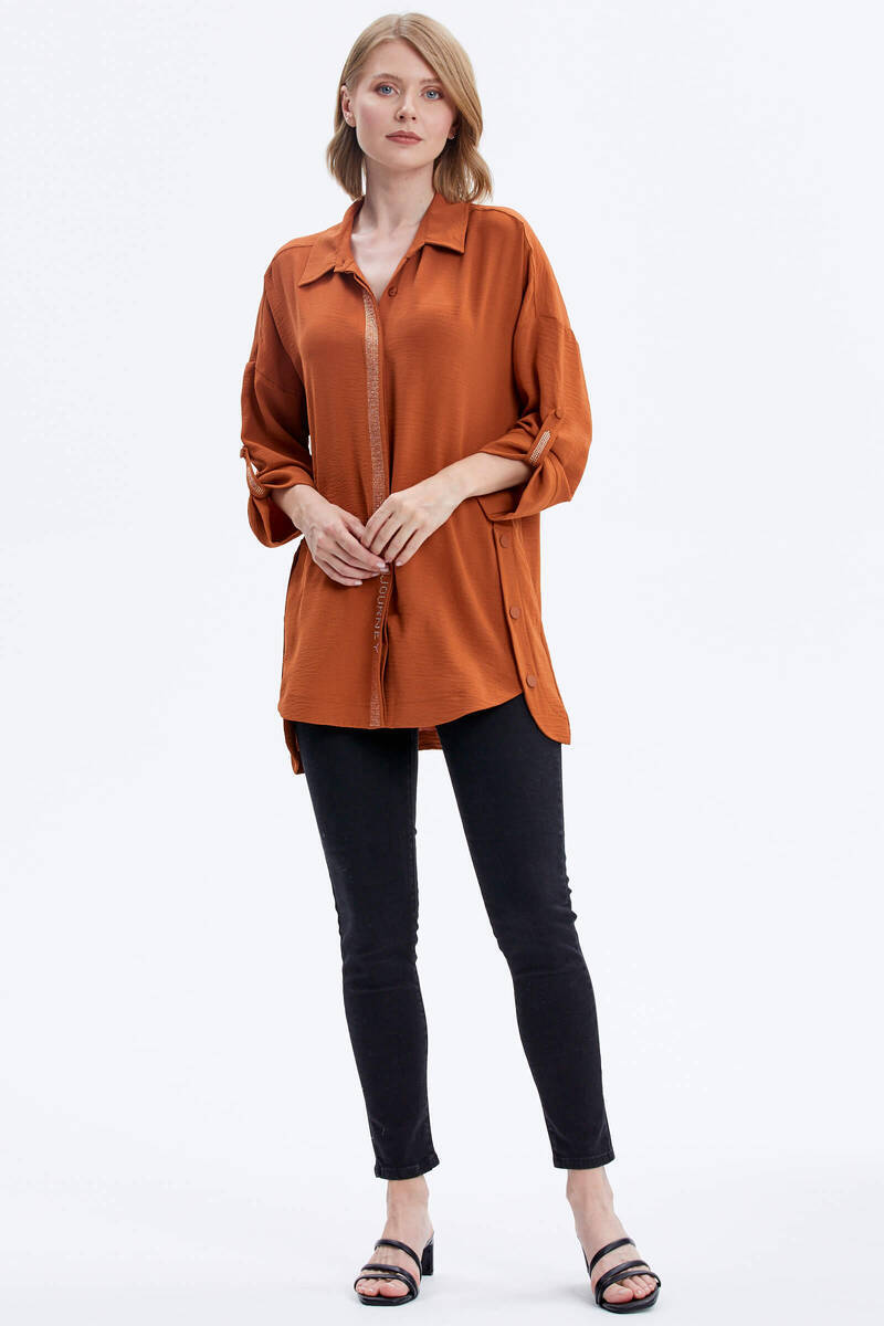 Büyük Beden Taş Detaylı Gömlek - Kiremit (3) Sementa