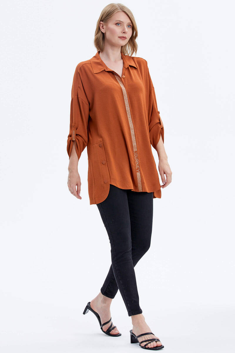 Büyük Beden Taş Detaylı Gömlek - Kiremit (4) Sementa