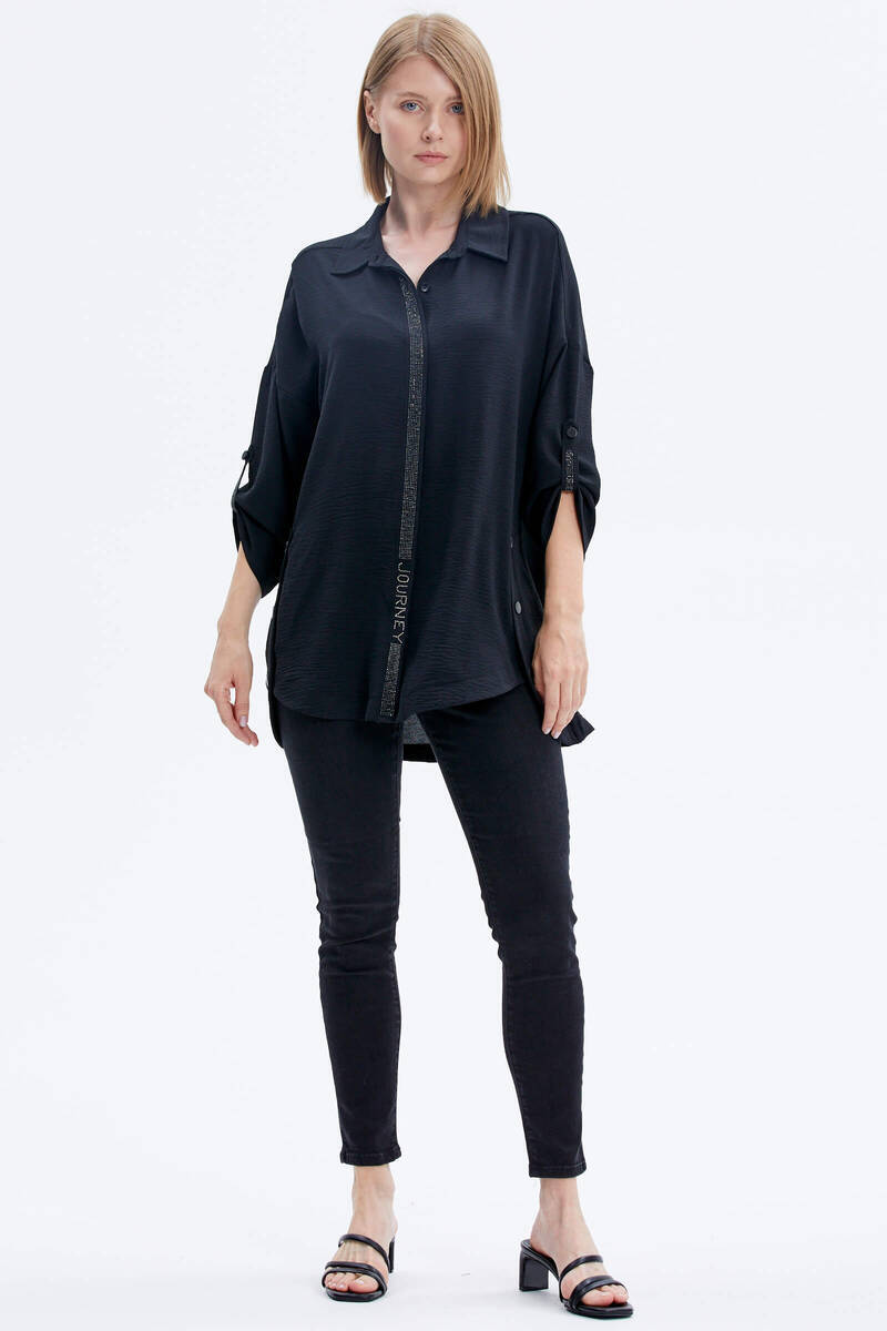 Büyük Beden Taş Detaylı Gömlek - Siyah (1) Sementa